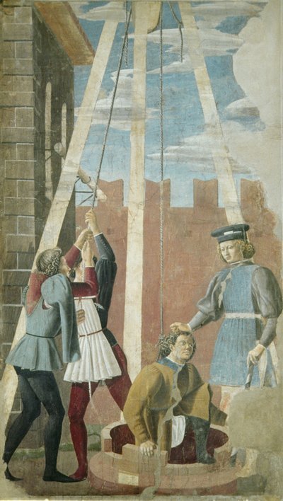 Tortur av jøden: Judas blir trukket fra brønnen, fra den sanne korssyklusen, fullført 1464 (fresco) av Piero della Francesca