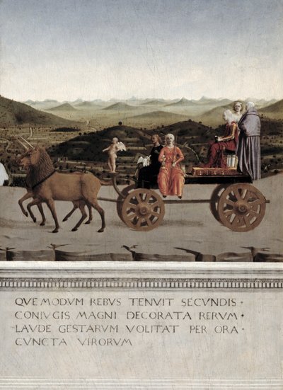 Triumf av Battista Sforza, hertuginne av Urbino. Battista og hennes tjenerinne, to teologiske dyder og en nonne blir trukket i en triumfbil av to brune enhjørninger, etter 1472 (tempera på panel) (detalj av Piero della Francesca
