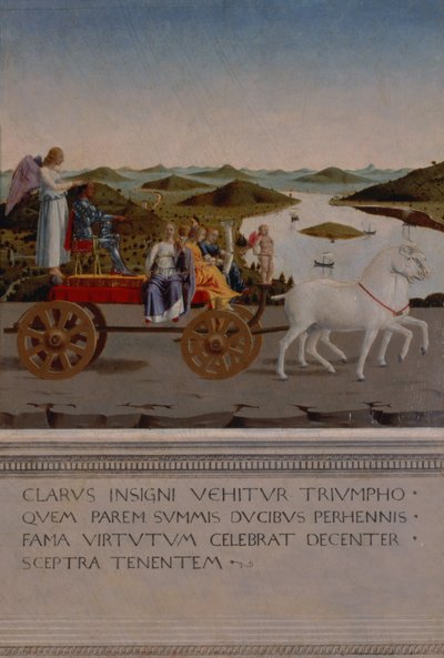 Triumf av Federigo da Montefeltro, hertug av Urbino; Federigo og de fire kardinaldydene i en triumfbil tegnet av hvite enhjørninger, bevinget Victory som holder den hertugelige kronen, malt etter 1474 (pan av Piero della Francesca