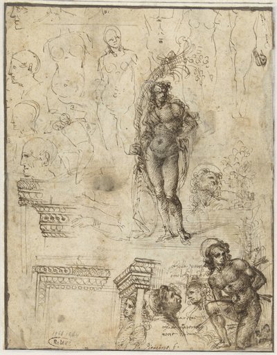 Studieark med hoder, figurer og arkitektoniske fragmenter Studieark med hoder, figurer og arkitektoniske fragmenter av Piero di Cosimo (attributed to)