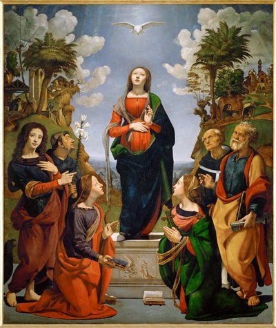 Den ubesmittede unnfangelse med seks helgener (olje på tre) av Piero di Cosimo