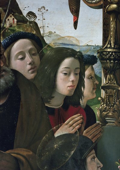Jomfru og barn på tronen omgitt av helgener, detaljer (olje og tempera på panel, ca. 1493) av Piero di Cosimo