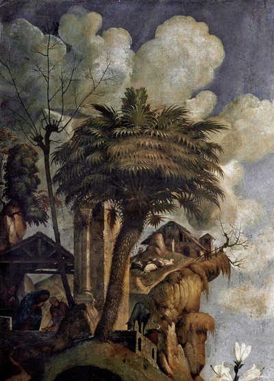 Jomfru og barn på tronen omgitt av helgener, detaljer (olje og tempera på panel, ca. 1493) av Piero di Cosimo