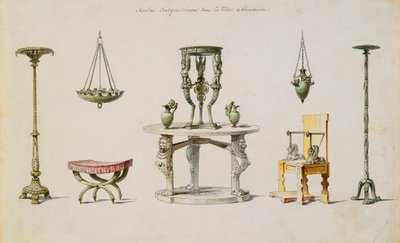 Forskjellige vaser, møbler, altere og stativer oppdaget på Herculaneum (penn og blekk og w/c på papir) av Pierre Adrien Paris