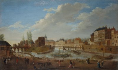 Die Île Louviers und die Spitze der Île Saint-Louis, gesehen vom Hafen Saint-Paul (Hafen der Celestins), um 1780 von Pierre-Antoine Demachy