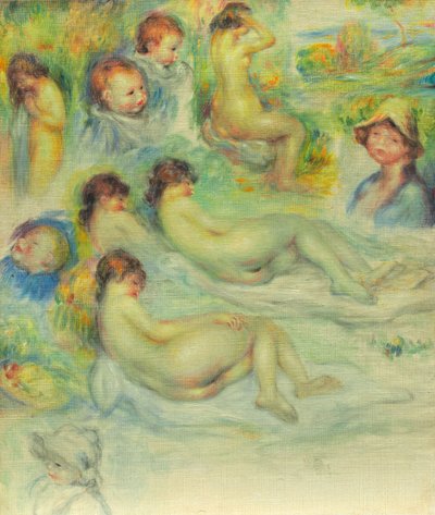 Studier av Pierre Renoir; Hans mor, Aline Charigot; nakenbilder; og landskap av Pierre-Auguste Renoir