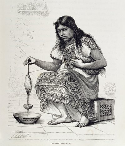Bomullsspinning, fra «De gamle byene i den nye verden», av Claude-Joseph-Désire Charnay, utgitt 1887 (gravering) av Pierre (after) Fritel