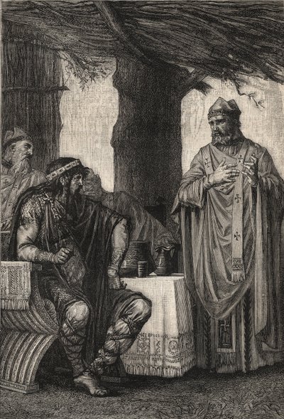 Den hellige Gregor av Tours (538–594) (Gregor av Tours) mot Chilperik I (539–584), frankkonge av det merovingiske dynastiet – gravering av Pierre Fritel (1853–1942) av Pierre (after) Fritel