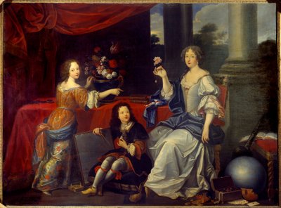 Portrett av Louise Francoise de la Baume le Blanc, hertuginne de la Valliere (Madame de La Valliere) (1644-1710), favoritt av Louis XIV og hennes barn Mademoiselle de Blois og greven av Vermandois maleri av Pierre Mignard (1612-1695) . 1600-tallets søn av Pierre (after) Mignard