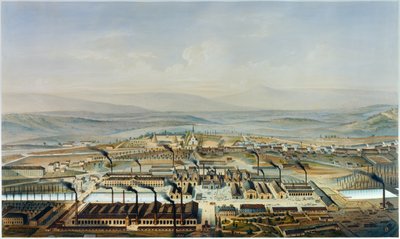 Utsikt over verkstedene Creusot og Chateau de la Verrerie, litografi etter akvarell av Pierre Tremaux (1818-1895) av Pierre (after) Tremaux