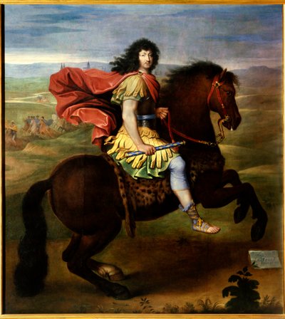 Rytterportrett av Louis XIV (37 år). Kongen av Frankrike Louis XV, kjent som Le Bien Aime (1710-1774), representerer i rustning, sandalsko og holder en blå pinne med liljeblomster. Maleri av verkstedet til Pierre Mignard (1612-1695) av Pierre (studio of) Mignard
