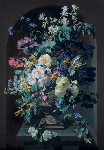 Vase med blomster med mimoser og vase med blomster med drueklase (Peer) av Pierre Adrien Chabal Dussurgey