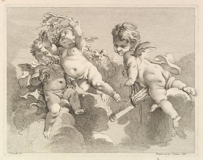 Tre kjærligheter, den ene holder et kogger, den andre, druer, 1727-60. av Pierre Alexandre Aveline