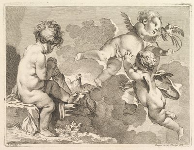 Tre kjærligheter, hvorav den ene sitter og holder et kogger, 1727-60. av Pierre Alexandre Aveline