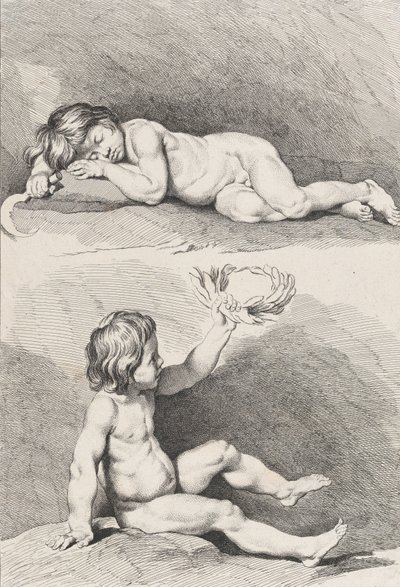 To nakne barn, det ene sover og det andre holder en krans, fra New Book of Childr..., 1720-60. av Pierre Alexandre Aveline