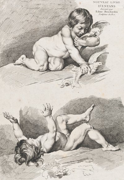To nakne barn som leker med et blad, fra New Book of Children, 1720-60. av Pierre Alexandre Aveline