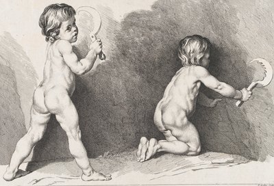 To nakne barn stående, fra New Book of Children, 1720-60. av Pierre Alexandre Aveline