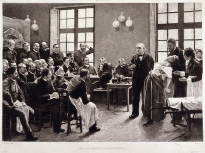 En klinisk forelesning av Dr. Charcot ved Salpetriere i 1887. Studenter fra avdelingen til professor Jean Martin Charcot som forklarer saken om Blanche Wittman, hans pasient og marsvin foretrekker hennes forskning på hysteri. Han var assistent for Jo av Pierre Andre (after) Brouillet