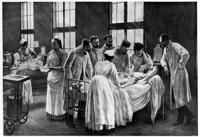 Le Croup à l'hopital Trousseau, av Andre Brouillet - The Croup Cured by Doctor Roux, gravert av E. Buval (color litho), Brouillet, Pierre Andre (1857-c.1920) (etter) / Musee de la Ville de Paris , Musee Carnavalet, Paris, Frankrike av Pierre Andre (after) Brouillet