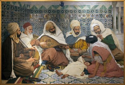 Eksorsisme: Arabiske musikere som jager jinn fra kroppen til et barn. Maleri av Andre Brouillet (1857-1914), Olje på lerret av Pierre Andre Brouillet