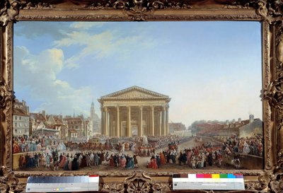 Seremoni for nedlegging av den første steinen til den nye Saint Genevieve-kirken 6.09.1764 nær Pantheon-maleriet av Pierre Demachy (1723-1807) 1765. Dim. 81 x 1,29 m Paris, musee Carnavalet - Seremoni for nedlegging av den første steinen til den nye St Gen av Pierre Antoine Demachy