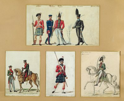 Uniformene til skotske soldater og prøyssiske, engelske, hannoveranske og russiske offiserer i 1814 av Pierre Antoine Lesueur