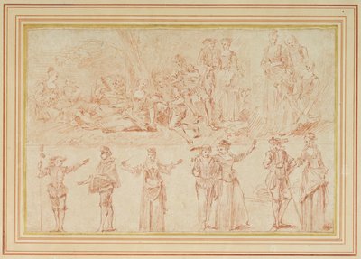 To fetes galantes og studier av enkeltfigurer og par (rødt kritt på papir) av Pierre Antoine Quillard