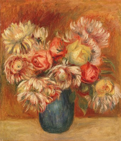 Krysantemum i en grønn vase (olje på lerret) av Pierre Auguste Renoir