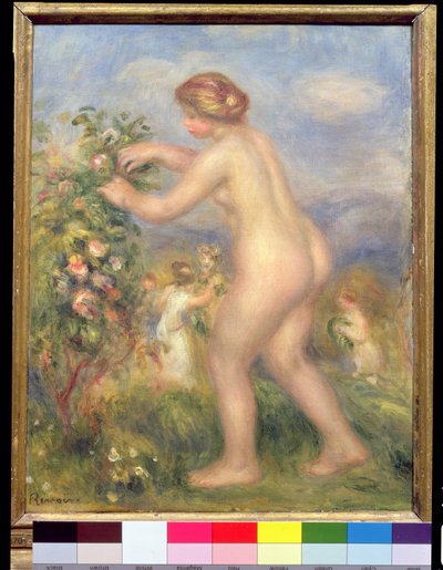 Naken kvinne plukker blomster av Pierre Auguste Renoir