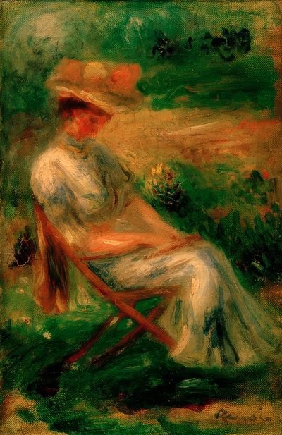 Kvinne sitter i en hage av Pierre Auguste Renoir