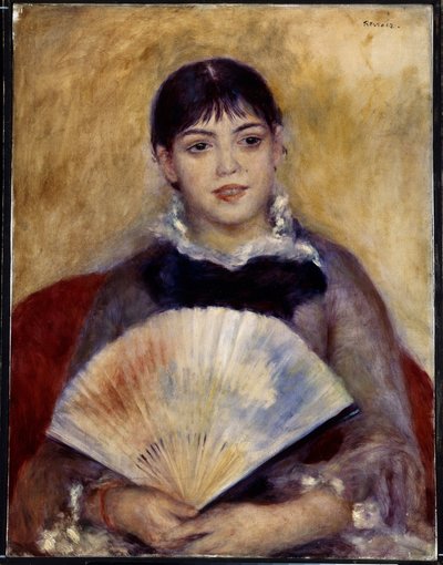 Jente med fan (Alphonsine Fournaise). Maleri av Pierre Auguste Renoir (1841-1919) av Pierre Auguste Renoir
