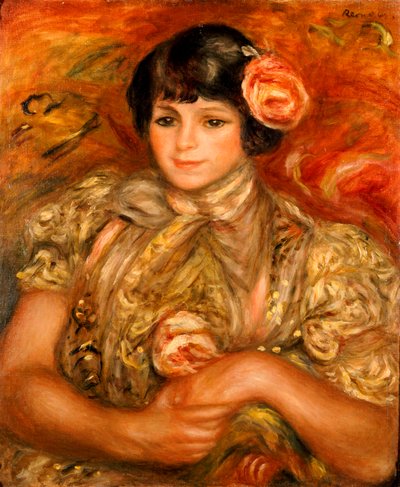 Jente med en rose (olje på lerret) av Pierre Auguste Renoir