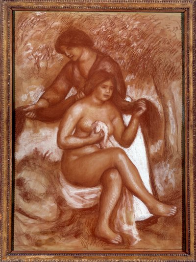La coiffure ou la toilette de la batheuse, Zeichnung a la sanguine et a la chalaie blanche von Pierre Auguste Renoir