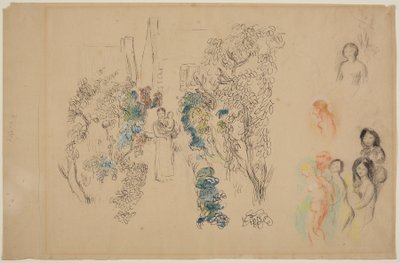 Landskap og figurer (blyant, blekk, wc og fargestift på papir) av Pierre Auguste Renoir