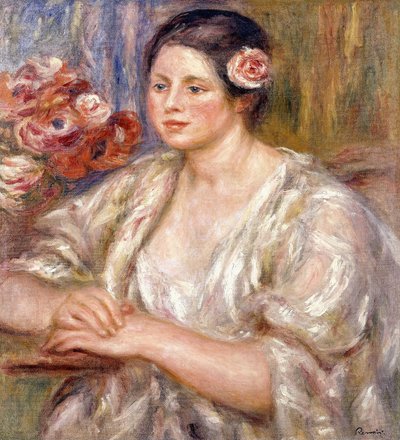 Madeleine i en hvit bluse og blomsterbukett, ca. 1915-1919 av Pierre Auguste Renoir