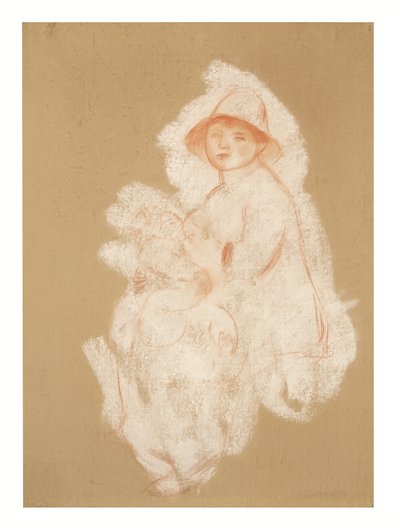 Mor og barn (fødselspermisjon) (sangvinisk og hvit kritt på papir lagt ned på lerret) av Pierre Auguste Renoir