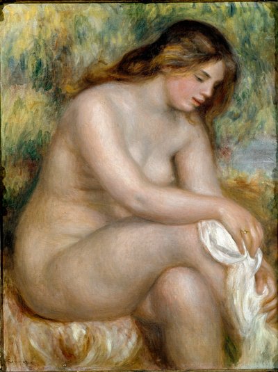 Sittende naken (badende tørker benet) av Pierre Auguste Renoir