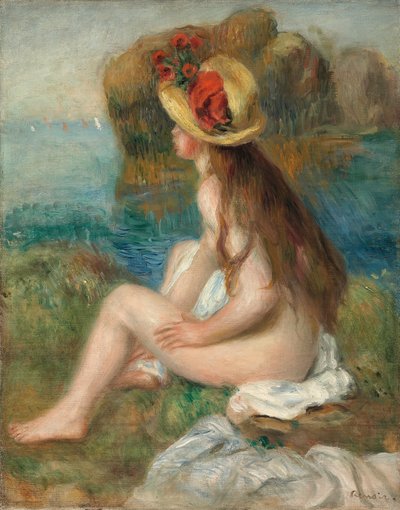 Naken med stråhatt ved siden av havet, 1892 av Pierre Auguste Renoir