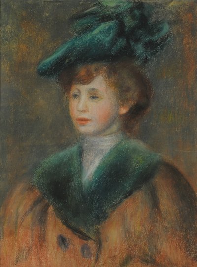 Portrett av en ung kvinne med grønn hatt. av Pierre Auguste Renoir