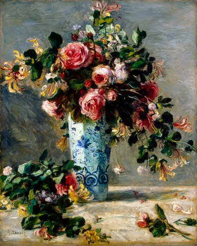 Roser og jasmin i en Delft-vase, 1880-1881. av Pierre Auguste Renoir