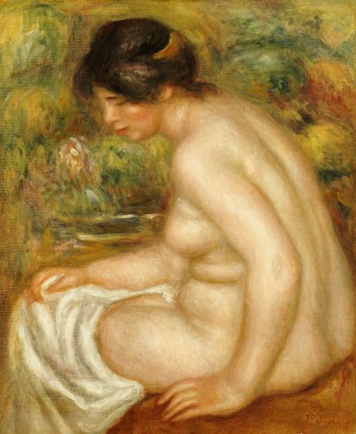 En sittende badende sett fra siden av Pierre Auguste Renoir