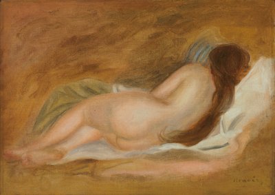 Sove naken, bakfra, oker bakgrunn; Naken sofa, sett fra baksiden, på en okerbakgrunn, ca. 1885 av Pierre Auguste Renoir