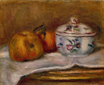 Sukkerbolle, eple og appelsin (olje på lerret) av Pierre Auguste Renoir