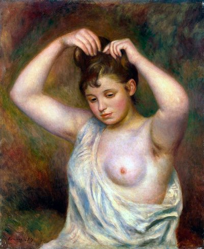 Kvinne som ordner håret, 1887. av Pierre Auguste Renoir