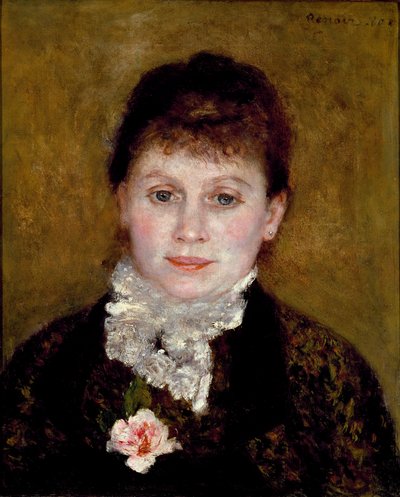 Kvinnen har hvit krage. Portrett av en kvinne med en rose av Pierre Auguste Renoir