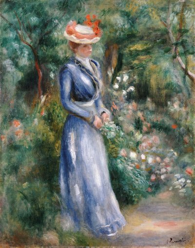 Kvinne i blå kjole står i hagen på Saint-Cloud av Pierre Auguste Renoir