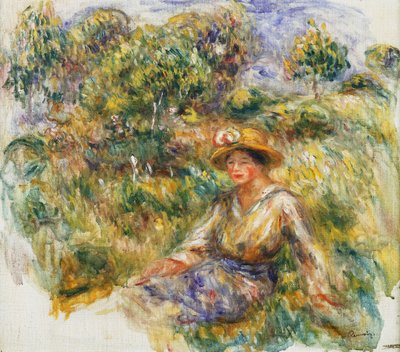 Kvinne i en blå hatt sitter på gresset; Kvinne i blått i hatt sitter på gresset, ca. 1916 av Pierre Auguste Renoir