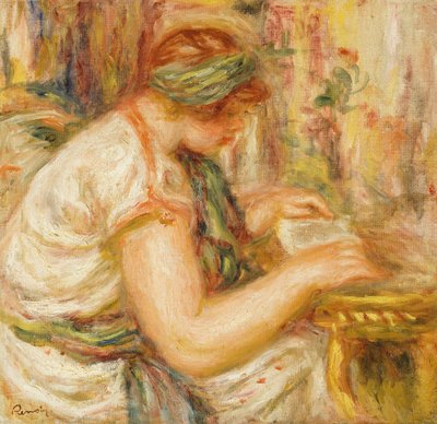 Kvinne i en arabisk bluse leser av Pierre Auguste Renoir
