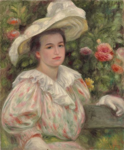 Junges Mädchen unter Blumen oder Frau mit weißem Hut von Pierre Auguste Renoir