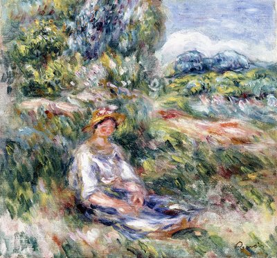 Ung kvinne sitter på en eng, av Pierre Auguste Renoir